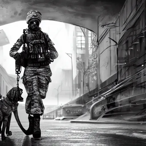 Image similar to black and white female soldier with sniffer dog exploring urban environment, concept art trending on art station 4k award-winning unreal engine