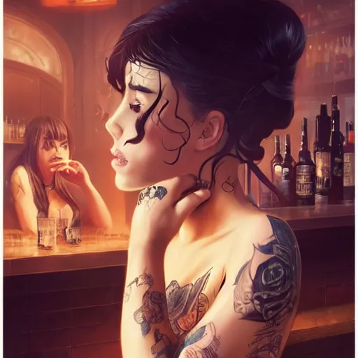 Image similar to enchanting bar maid, tattoos, black t - shirt, black skirt, detailed portrait, intricate complexity, by greg rutkowski, artgerm, ross tran, conrad roset, takato yomamoto, ilya kuvshinov. 4 k, beautiful, cinematic dramatic atmosphere