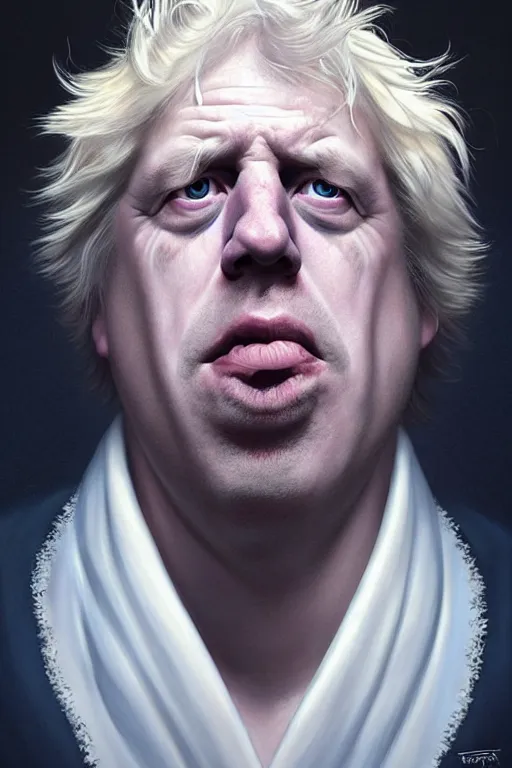 Image similar to Boris Johnson looks exactly like Rick Sanchez, unibrow, white robe, big eyes, 3d octane render, symmetrical, highly detailed, digital painting, artstation, concept art, smooth, sharp focus, illustration, cinematic lighting, art by artgerm and greg rutkowski and alphonse mucha