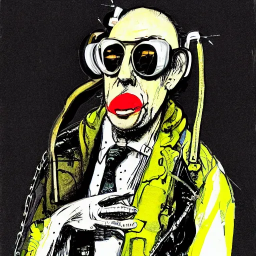 Image similar to Graphic Illustration, Creative Design, Banana man, Techwear, Cyberpunk, Full Body Portrait, Character Design, by Ralph Steadman, Francis Bacon, Hunter S Thompson