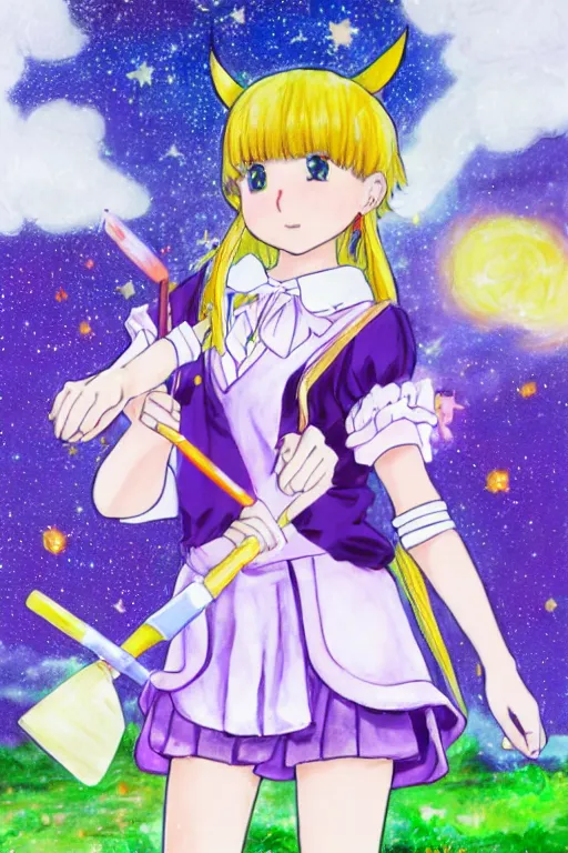 Image similar to A full body anime drawing of a magical girl holding a paintbrush with short blond hair and freckles wearing an oversized purple Beret, Purple overall shorts, jester shoes, and white leggings covered in stars. Surrounded by clouds and the night sky. Rainbow accents on outfit. Cardcaptor Sakura inspired. By Naoko Takeuchi. By CLAMP. By WLOP.
