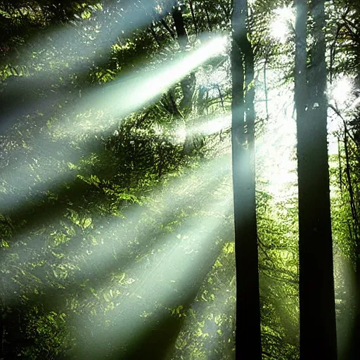 Prompt: atmospheric Polaroid photograph of a forest, sun shining through the leaves