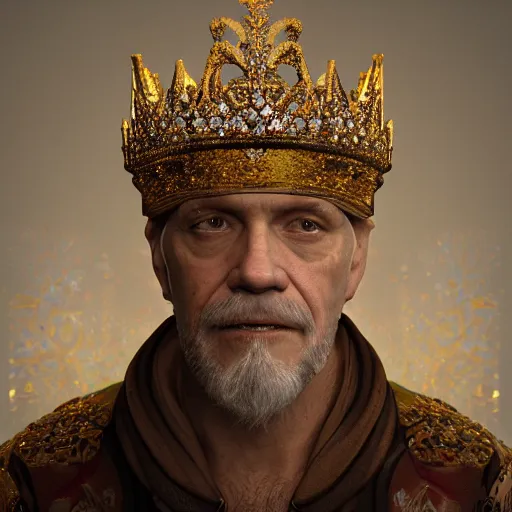 Image similar to John Malkovich with a diamond jeweled crown with a golden crown, photorealistic, highly detailed, 8k, in the art style of Filip Hodas, 8k