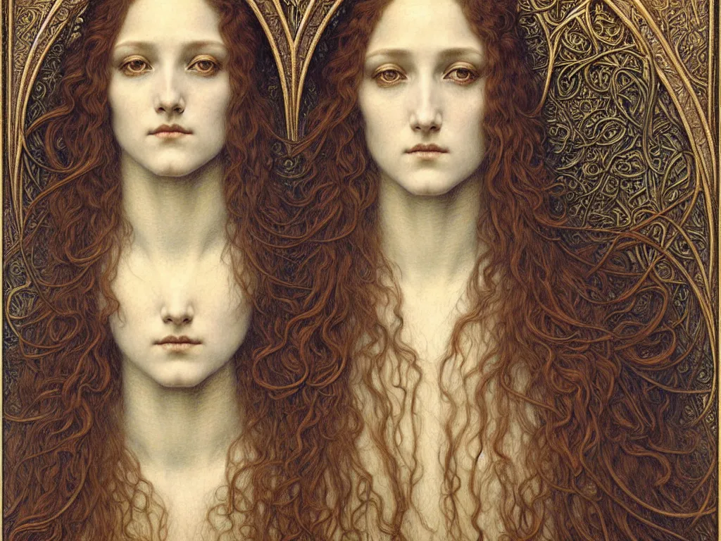 Image similar to detailed realistic beautiful young medieval queen face portrait by jean delville, gustave dore and marco mazzoni, art nouveau, symbolist, visionary, gothic, pre - raphaelite. horizontal symmetry