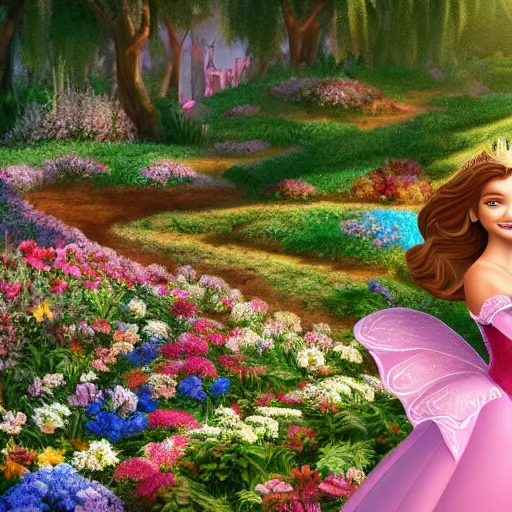 Image similar to a disney cartoon illustration of miranda kerr as sleeping beauty, dynamic lighting, 4 k hdr, hyper realistic, pretty face, in a forest flower garden, smiling