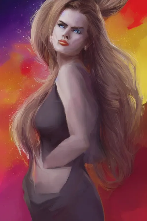 Image similar to mix of beautiful young maria shriver, mariel hemmingway, brooke shields, nicole kidman and elle macpherson as an alien creature, thin lips, hair tied up in a pony tail, dark blonde hair, colorful, artstation, cgsociety