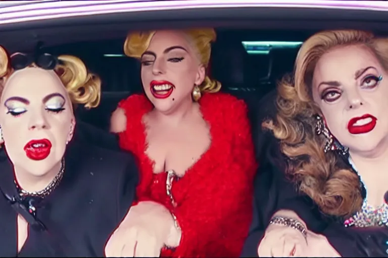 Image similar to lady gaga and judy garland doing carpool karaoke, lady gaga and judy garland, carpool karaoke, lady gaga, judy garland, carpool karaoke, youtube video screenshot, the late late show withjames cordon