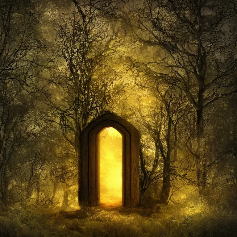 Prompt: Secret lit doorway portal in the dark mysterious forest photorealistic