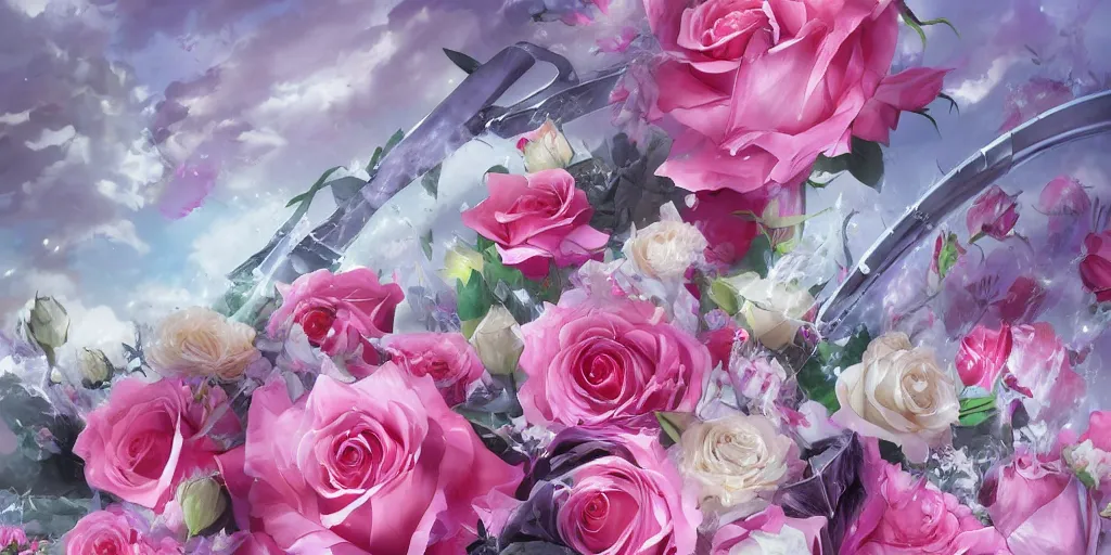 Image similar to background art of magic invisible blade slicing through a bouquet of white and pink roses, flowers exploding and spraying and splattering, big puffy clouds, exploding roses, large rose petals, lotus petals, large polygonal background elements, large polygons, dramatic anime, dramatic radiant lighting, artgerm, manga, trending on artstation, art nouveau, mature colors