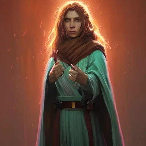 Image similar to portrait of a woman by greg rutkowski, jedi knight jade skywalker, wavy copper hair, jedi robes, star wars expanded universe, she is about 2 0 years old, wearing jedi robes, highly detailed portrait, digital painting, artstation, concept art, smooth, sharp foccus ilustration, artstation hq