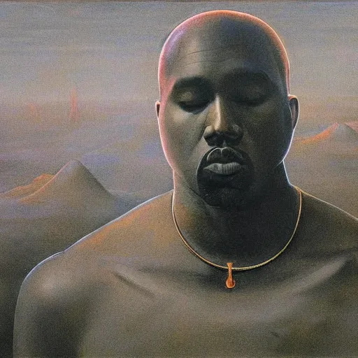 Prompt: god kanye as a zdzisław beksinski painting