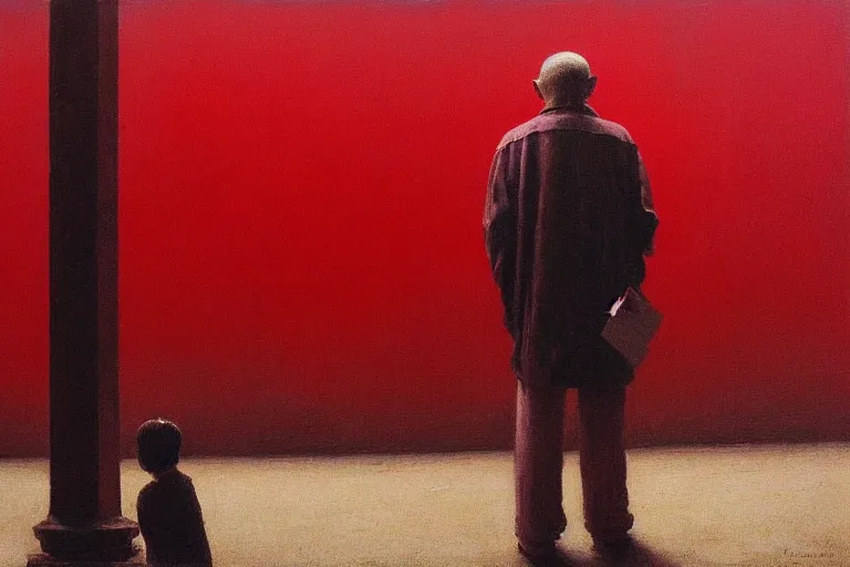 Prompt: only with red, a red old man try to sell a portrait, in a square, crowd cheering, in the style of beksinski, parts by edward hopper, parts by rodcenko, parts by yue minjun, intricate and epic composition, red by caravaggio, insanely quality, highly detailed, masterpiece, red light, artstation, 4 k