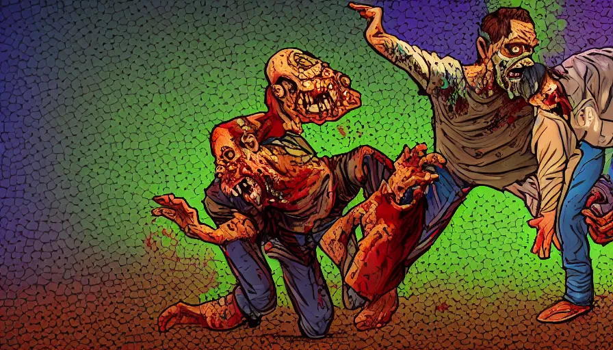 Image similar to a man clothed in carpeting fighting a zombie, digital art, highly detailed, realistic, bright colors, 8 k