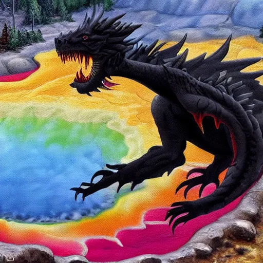 Image similar to highly detailed oil painting of a black dragon in a colorful hotspring at yellowstone national park, featured on artstation