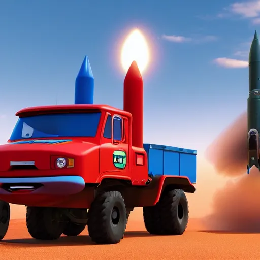 Prompt: HIMARS rocket launcher, disney pixar Cars character concept artwork, 3d concept, high detail iconic character for upcoming film, 8k octane render, 3d, 8k octane render