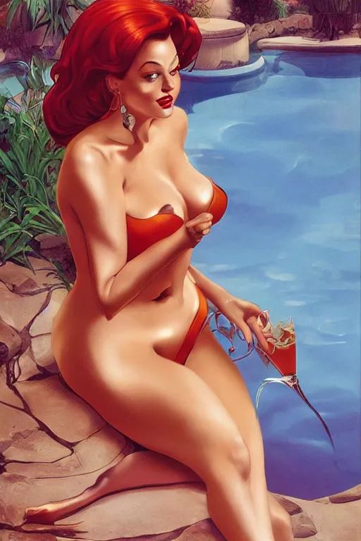 Image similar to Jessica Rabbit, by a pool, golden hour, in a garden, artstation, by J. C. Leyendecker and Peter Paul Rubens,