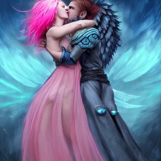 Image similar to fierce warrior mage kissing warrior angel with pink hair, blue piercing eyes, mystery, beautiful aesthetic, by james jean, trending on artstation, ultra realistic, iso 4 0 0, f - stop 2