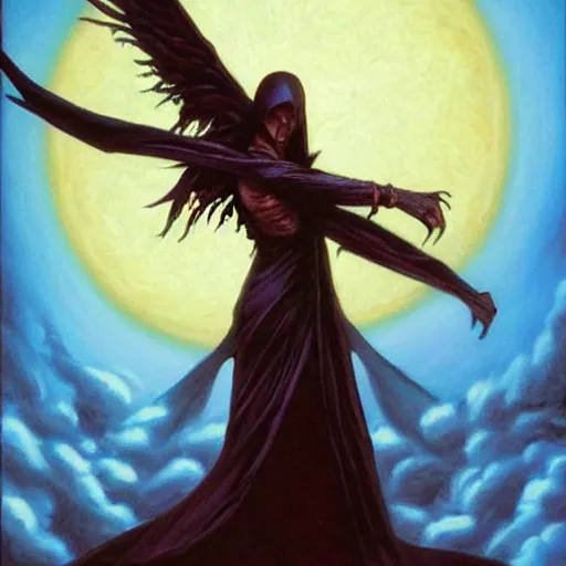 Image similar to painting in style of michael whelan, the dark angel of coffee