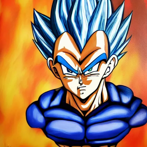 Image similar to oil paint of a fusion of old vegeta and trunks, gogeta, realistic painting, non anime, 4 k, detailed, full body, painting, on paper, paint smears, smooth, by a oil painter