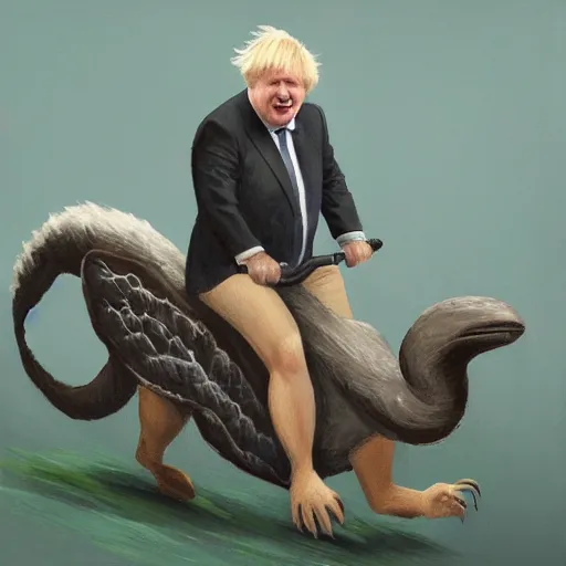 Image similar to boris johnson riding a veloceraptor, painting