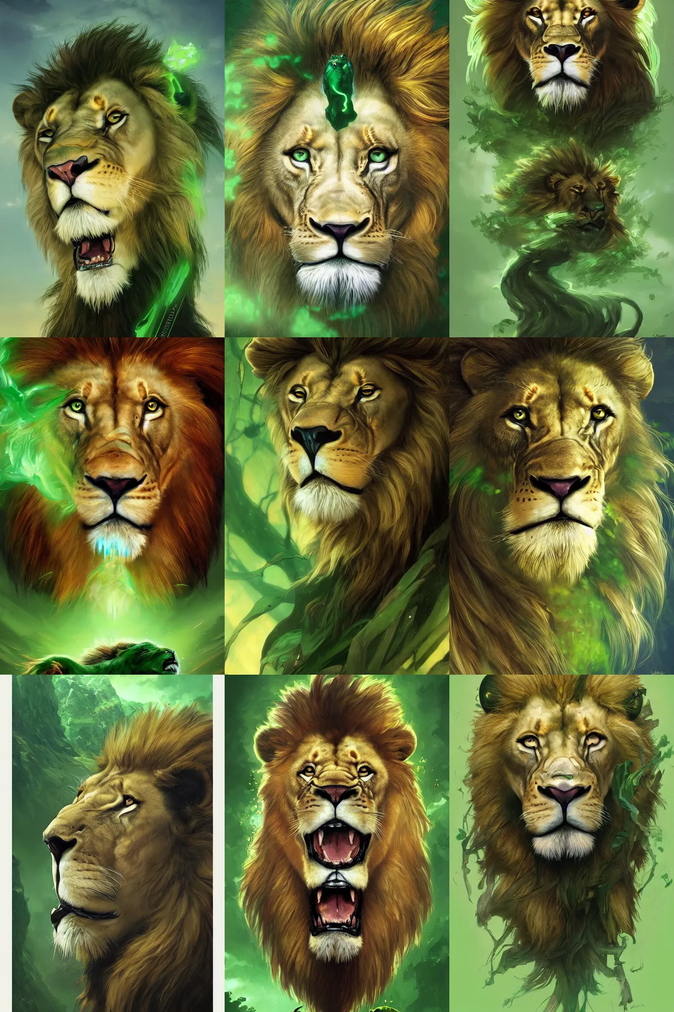 Prompt: ultra realistic illustration, fantasy lion face against a green back for chroma key by artgerm and greg rutkowski and alphonse mucha,, long shot, constant green background, trending on artstation