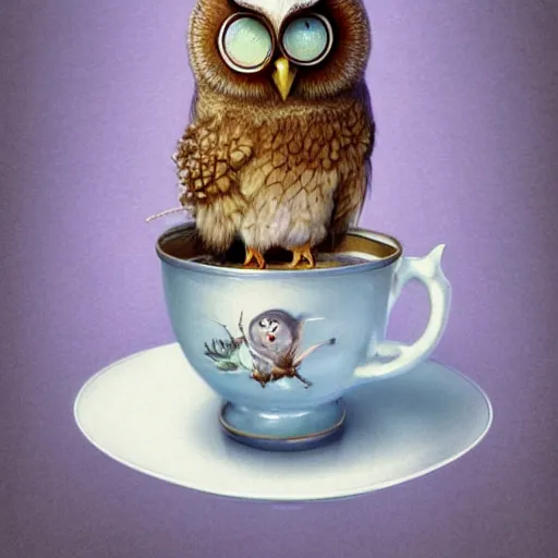 Prompt: long shot of a very cute young owl sitting in a tea cup, by esao andrews, by james jean, marc simonetti, humorous illustration, hyperrealistic, big depth of field, fresh colors, dim light, 3 d octane render conceptart, 4 k, hyperdetailed, trending on artstation