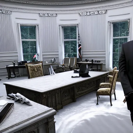 Image similar to photo of kanye west in the oval office, white house, movie still, cinematic, 8 k, unreal engine, 3 d render