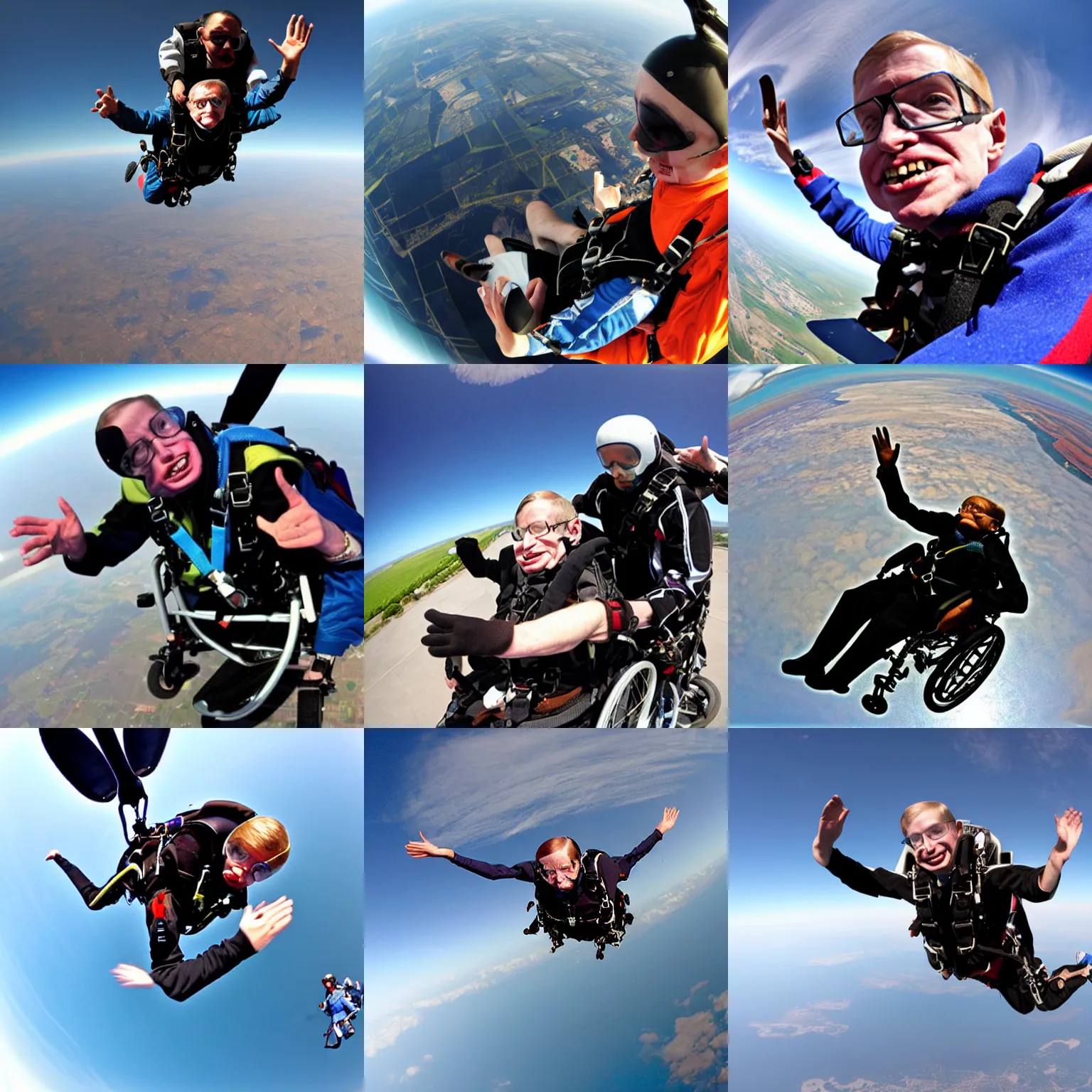 Image similar to Fish-eye lens of Stephen Hawking skydiving in his wheelchair