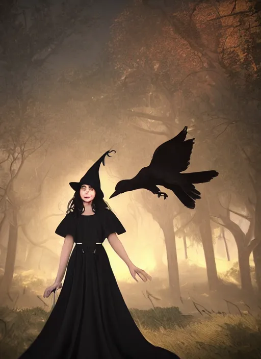 Image similar to young witch ; occult magic ; black dress ; nice face ; a crow sitting on her head ; unreal engine ; photorealistic ; dark colors ; cinematic light