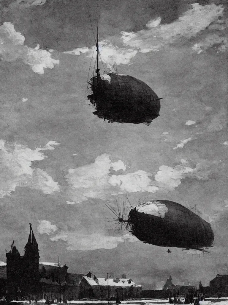 Image similar to a large dieselpunk airship standing over a white church in russia in 1 9 1 0, by winslow homer