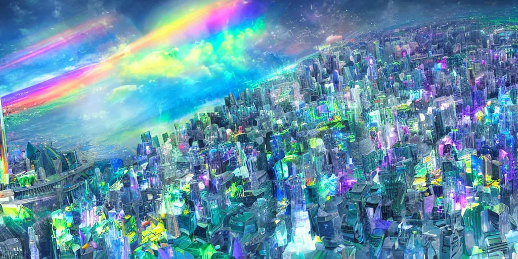 Prompt: City on Prism World, city inside of a crystal made of transparent prisms, fantasy world inside of a crystal, roads of light, rainbow colors, detailed matte painting, fantasy landscape, hyperrealistic