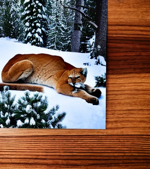 Image similar to torn up postcard of 'a cougar sleeping in the middle of snowy pine tree' laying on coffee table, zoomed out shot, HD, iphone capture