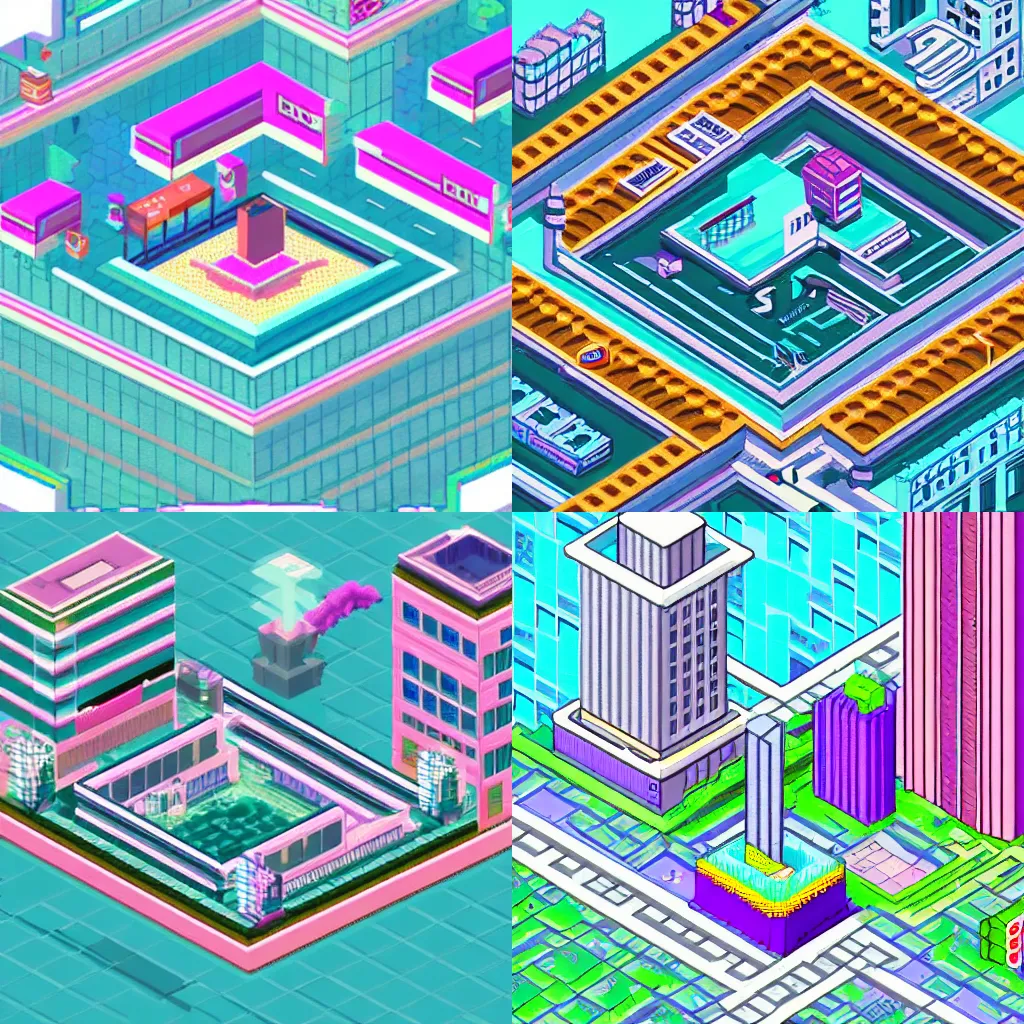 Prompt: vaporwave city, pixel art, not isometric