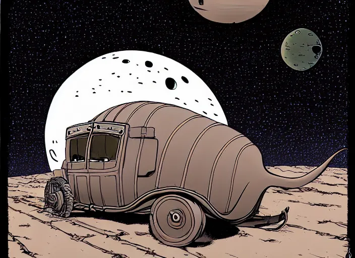 Prompt: a cell shaded cartoon of a lovecraftian mechanized snail from howl's moving castle ( 2 0 0 4 ), on a desert road, in front of a pale full moon, full body, wide shot, very dull muted colors, studio ghibli, laurie greasley, highly detailed, deviantart, art by artgem