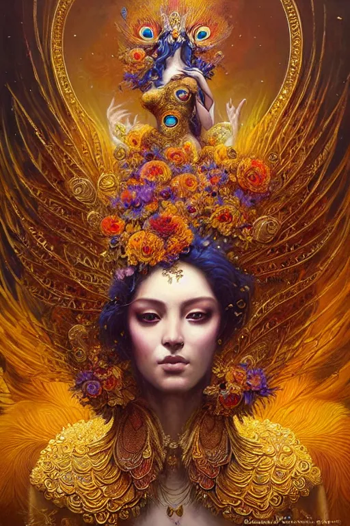 Prompt: ultradetailed portrait of an empress of beauty!, a grand golden throne, beautiful flowers and butterflies, crown made of peacock feathers by greg rutkowski, karol bak and peter mohrbacher, volumetric lighting, ornate, celestial.