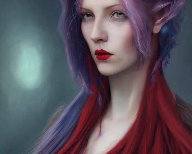 Image similar to A detailed matte oil on canvas head on symmetrical portrait of a distinguished elven woman with red and blue hair on an empty background, by Charlie bowater, Lise Deharme, Wlop, trending on artstationhd, dungeons and dragons art, parted hair , half blue, half red , split dye, critical role