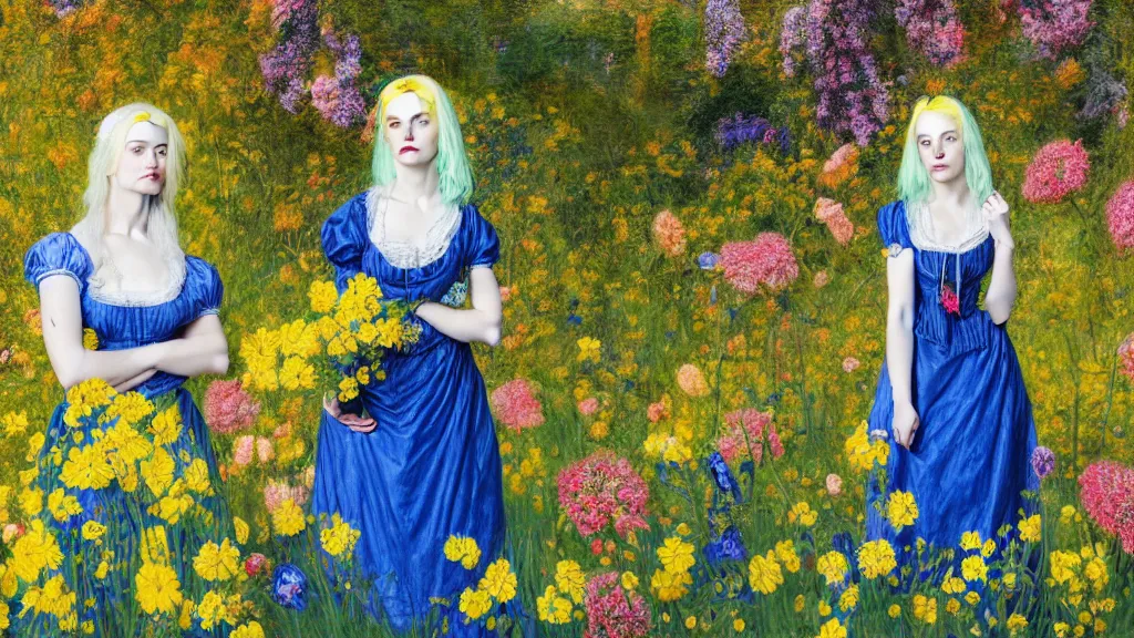 Image similar to photo-realistic portrait of two young women with neon yellow hair, wearing a blue dress by Vivienne Westwood, standing in a garden full of flowers, intricate details, in the style of John Everett Millais, black background