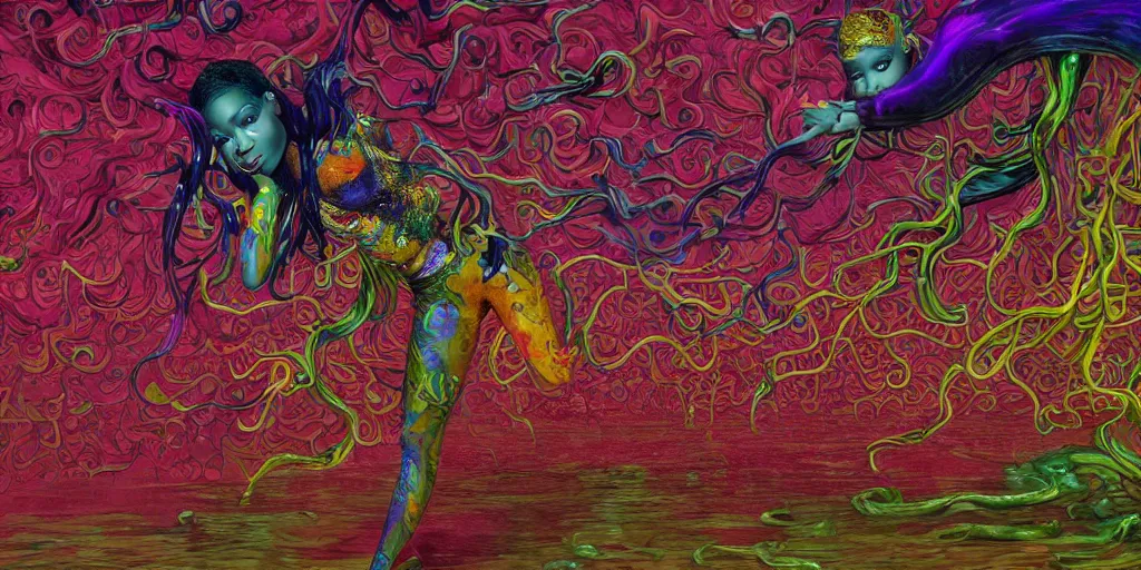 Image similar to nicki minaj | epic image of a glossy wet levitating floating fungus spirit with arms outstretched, made from colorful wet fungus tendrils. illustration by james jean, by ivan bilibin. uhd, amazing depth, glowing, golden ratio, 3 d octane cycle unreal engine 5, volumetric lighting, cinematic lighting, cgstation artstation concept art