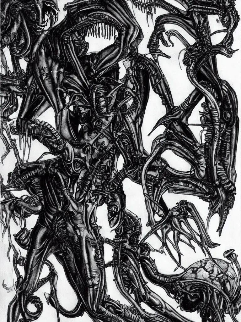 Prompt: sigourney weaver with a xenomorph alien queen by h. r. giger