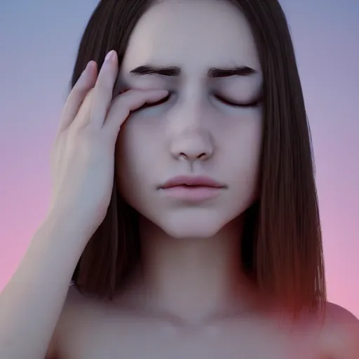 Prompt: girl covers her eyes with her hands, solemnly frowning melancholically, digital art, trending on behance, trending on artstation, 4 k, 8 k, artstation 3 d, artstation render, artstation 3 d render, 3 d art, unreal engine 3 d, octane 3 d, blender 3 d, 3 d landscape