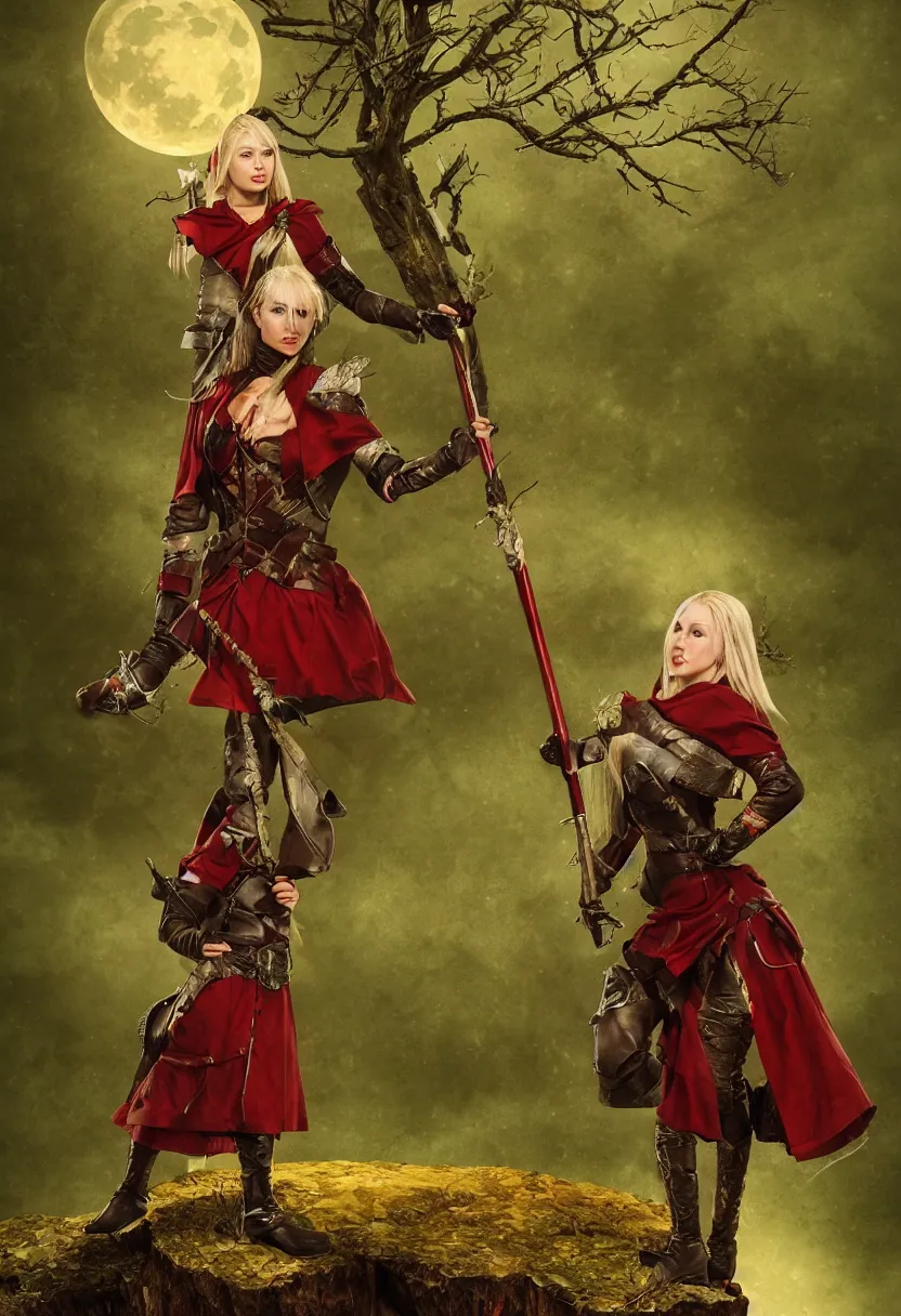 Image similar to a blonde medieval female soldier standing on a short tree stump, green battle coat, deep red lunar eclipse, night, detailed, fantasy, in the style of Gwent, epic composition, red roots background
