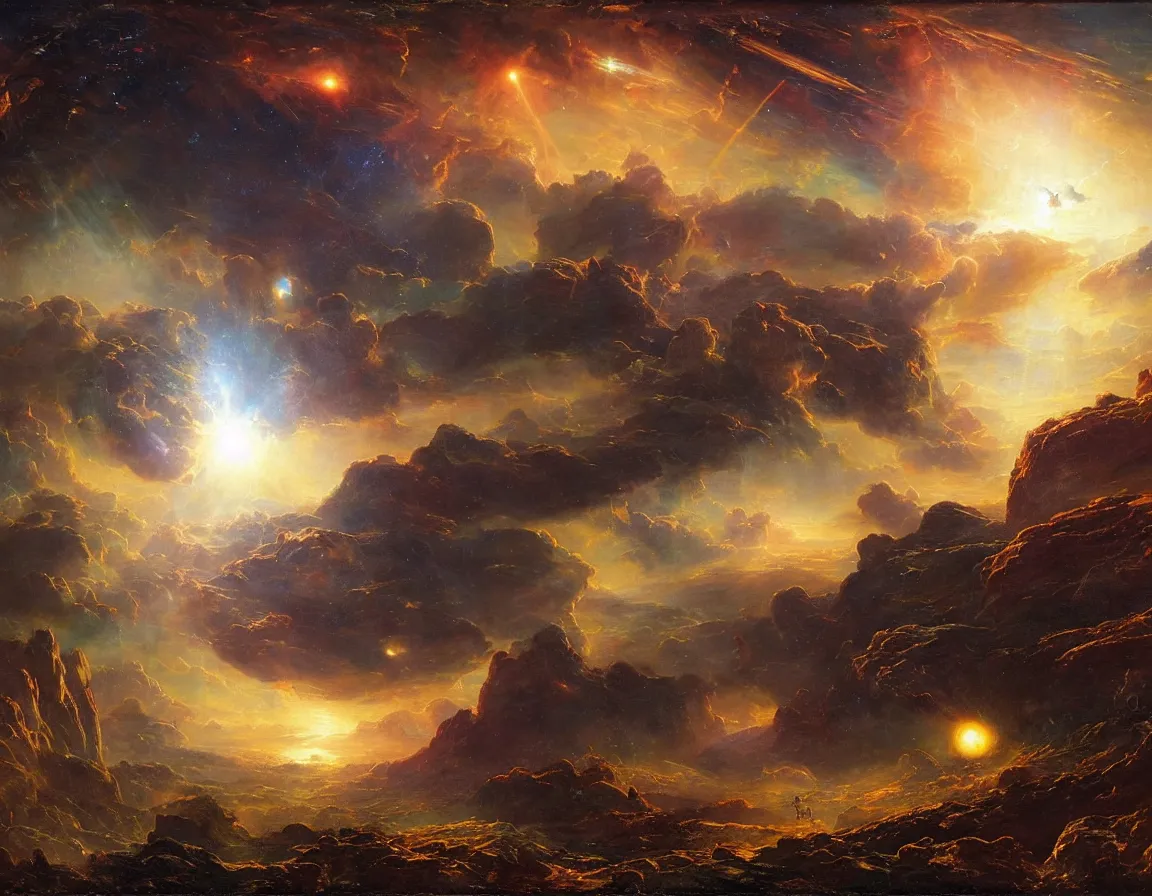 Image similar to epic galactic battle over an alien planet, concept art by albert biertadt, thomas cole, frederic edwin church, hudson river school, majestic, awe - inspiring, breathtaking