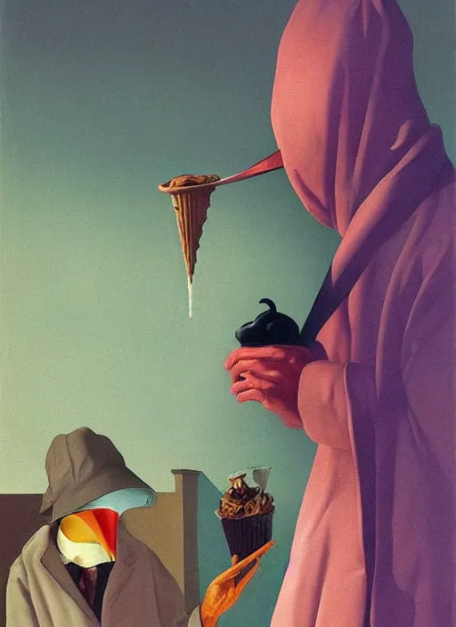 Image similar to plague doctor eating ice cream Edward Hopper and James Gilleard, Zdzislaw Beksinski highly detailed