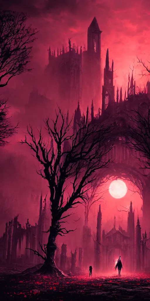 Image similar to abandoned bloodborne old valley with a obscure person at the centre and a ruined gothic city in the background, trees and stars in the background, falling red petals, epic red - orange moonlight, perfect lightning, wallpaper illustration by niko delort and kentaro miura, 4 k, ultra realistic