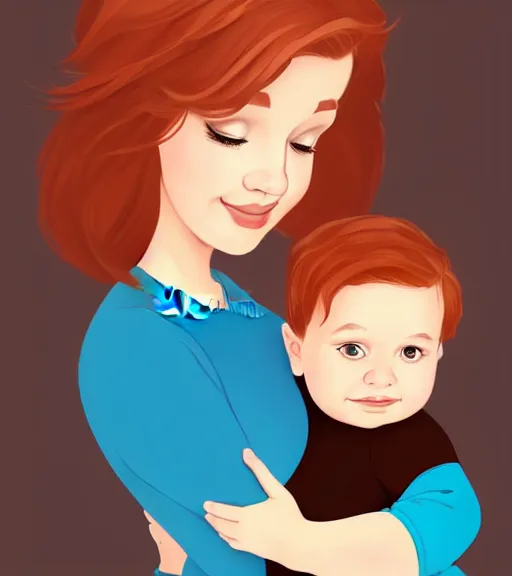 Prompt: a mother with short shoulder length auburn hair, short and curvy and a slightly chubby face holding her infant son with short brown hair full color digital illustration in the style of don bluth, artgerm, artstation trending, 4 k