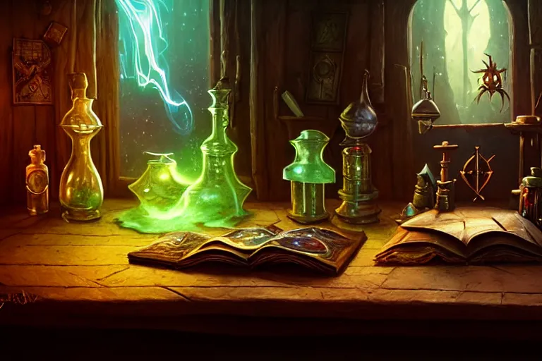 Prompt: cluttered, wood table, spell book, wizards laboratory, tony sart, window, mortar, pestle, glowing powder, compass, alembic, wisps of light, beakers of colored liquid, greg rutkowski