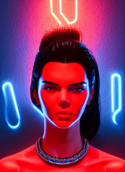 Image similar to a sensual kendall jenner humanoid with freckles cheeks, cyber neon lighting, futurism, intricate futuristic jewelry accessories, cyberpunk glossy latex swimsuit, profile posing, hyper photorealistic, crispy quality, digital photography, trending in artstation, trending in pinterest, cinematic, 4 k ultra hd, art by pascal blanche, art by greg rutkowski,