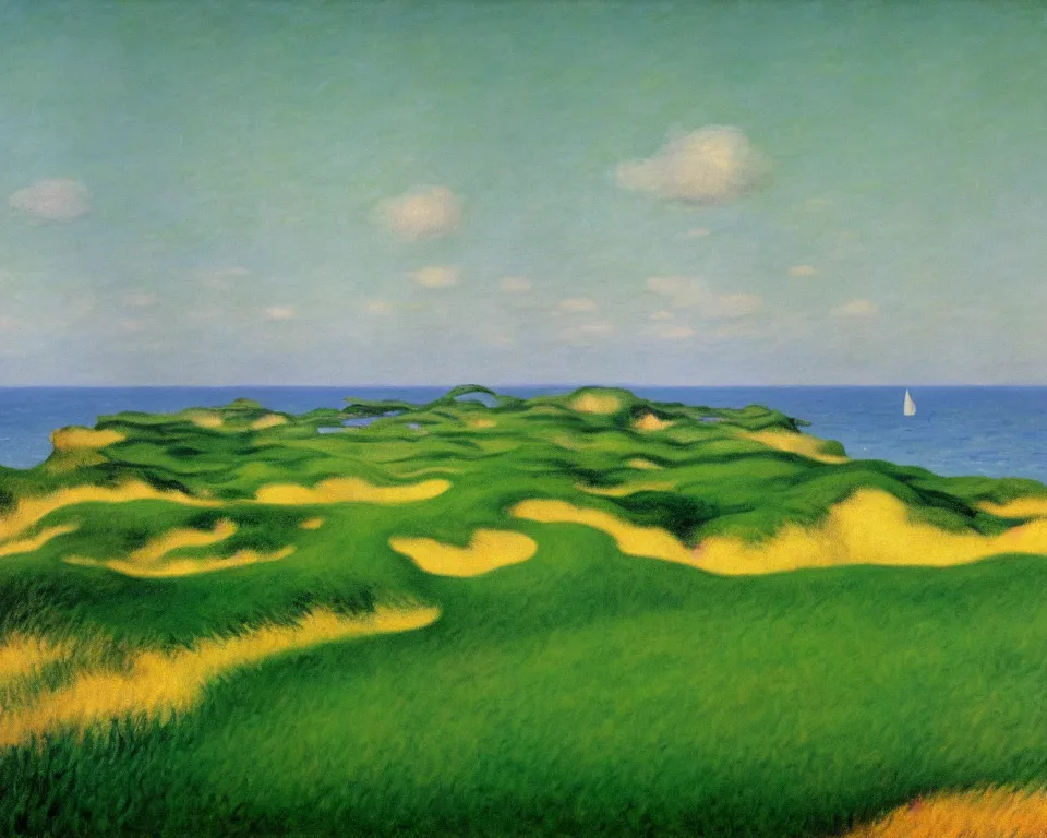 Prompt: achingly beautiful painting of bandon dunes green by rene magritte, monet, and turner.