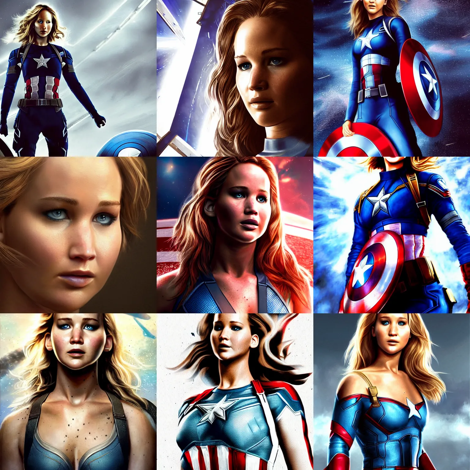 Prompt: photorealistic art of jennifer lawrence as captain america, dynamic lighting, space atmosphere, hyperrealism, stunning visuals