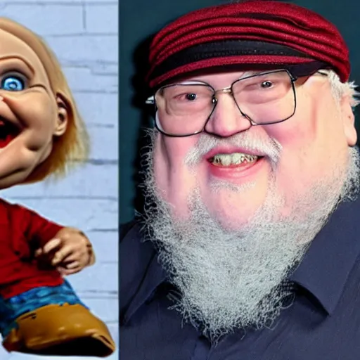 Prompt: george rr martin in a cartoon with screaming chucky doll